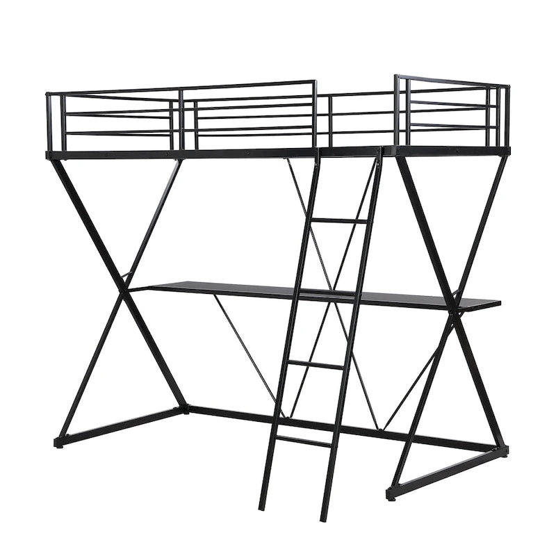 Twin Size Loft Bed with Desk, Ladder and Full-Length Guardrails, X-Shaped Metal Frame, No Box Spring Needed for Kids