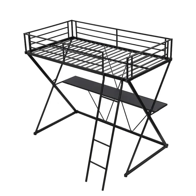 Twin Size Loft Bed with Desk, Ladder and Full-Length Guardrails, X-Shaped Metal Frame, No Box Spring Needed for Kids