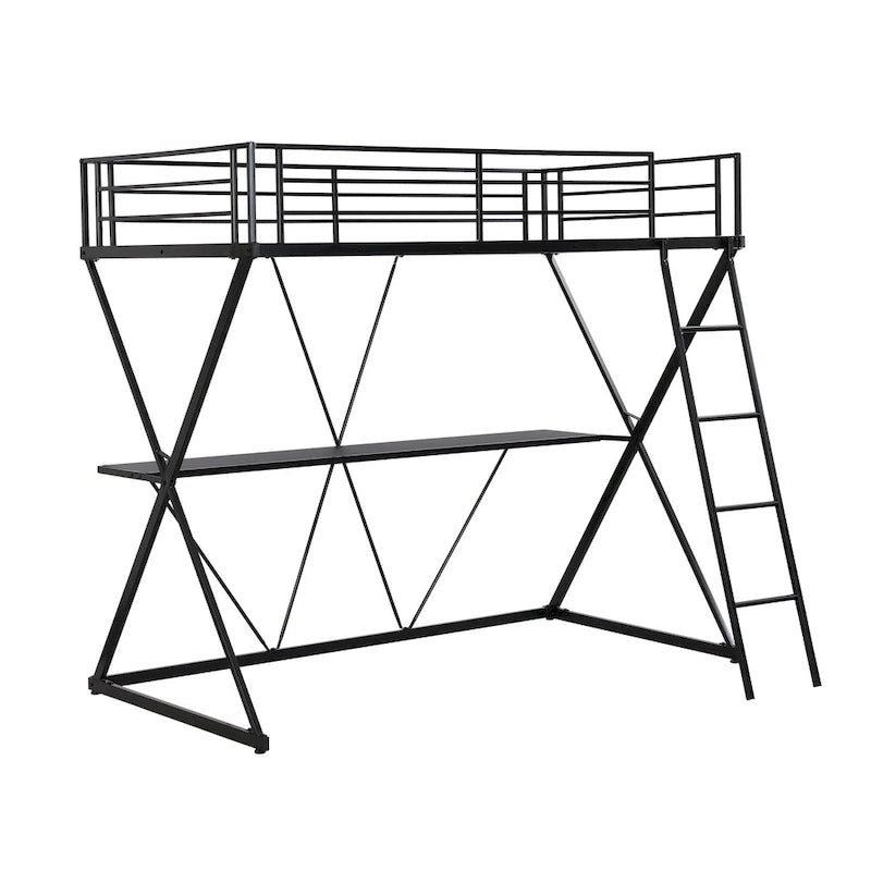 Twin Size Loft Bed with Desk, Ladder and Full-Length Guardrails, X-Shaped Metal Frame, No Box Spring Needed for Kids