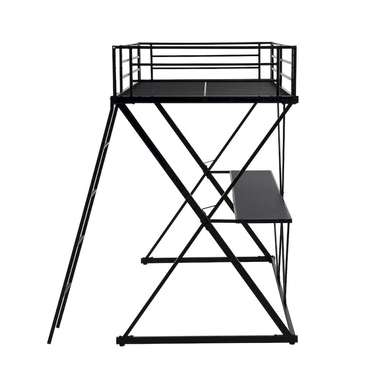 Twin Size Loft Bed with Desk, Ladder and Full-Length Guardrails, X-Shaped Metal Frame, No Box Spring Needed for Kids