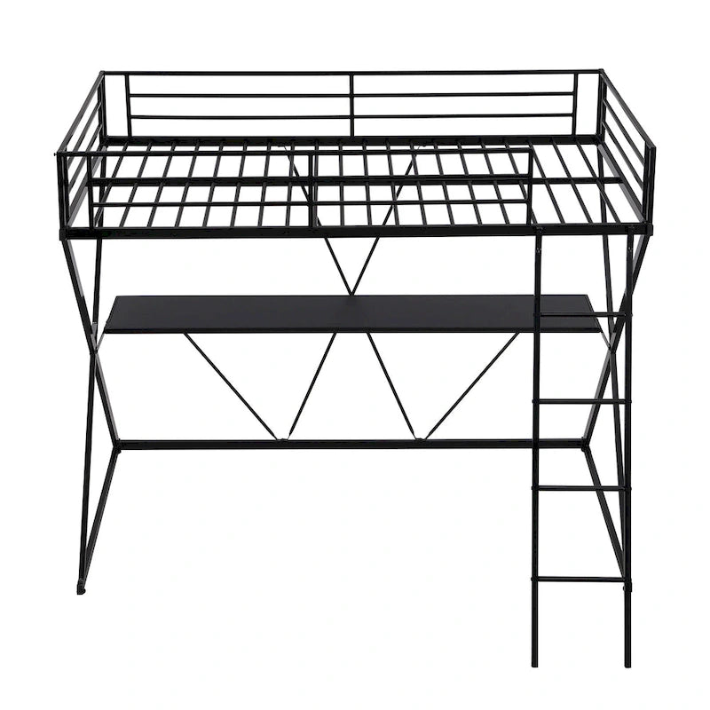 Twin Size Loft Bed with Desk, Ladder and Full-Length Guardrails, X-Shaped Metal Frame, No Box Spring Needed for Kids
