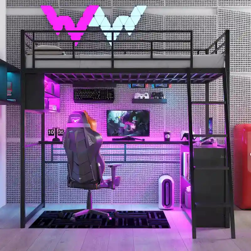 Metal Full Size Loft Bed w/Desk & Stairs, Heavy Duty Loft Bed Frame w/LED Lights, Loft Bed Full Size w/Storage Shelves for Kids