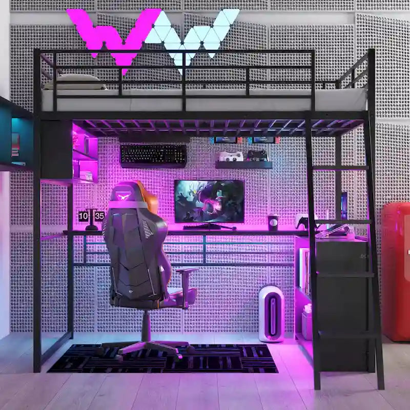 Metal Full Size Loft Bed w/Desk & Stairs, Heavy Duty Loft Bed Frame w/LED Lights, Loft Bed Full Size w/Storage Shelves for Kids