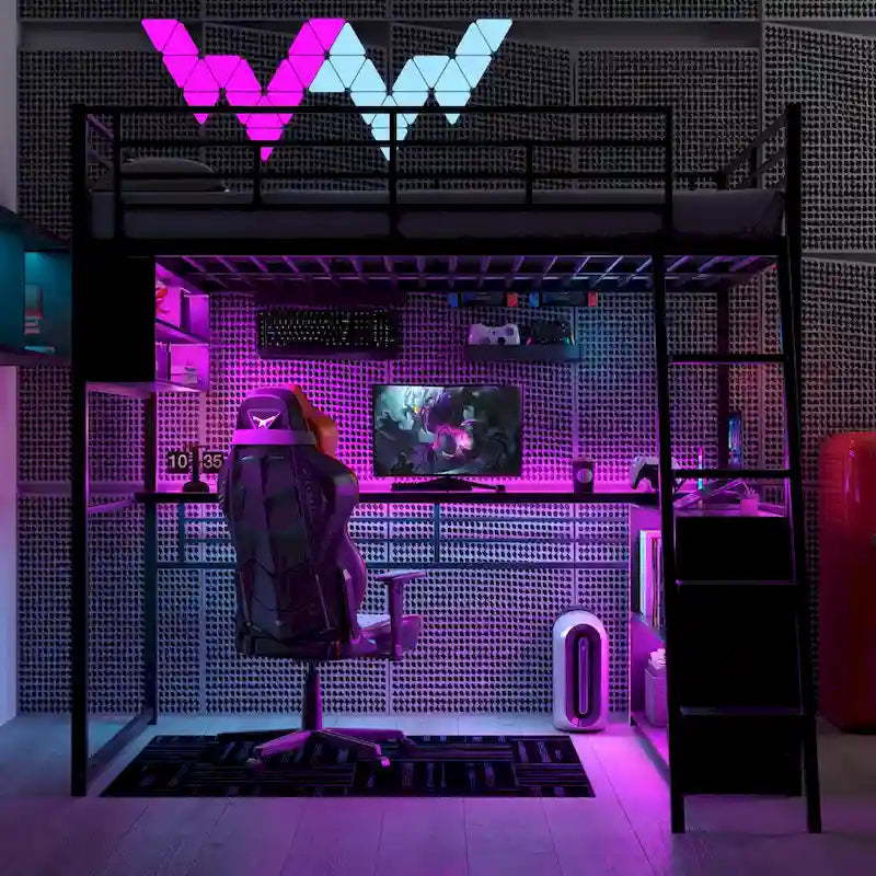 Metal Full Size Loft Bed w/Desk & Stairs, Heavy Duty Loft Bed Frame w/LED Lights, Loft Bed Full Size w/Storage Shelves for Kids