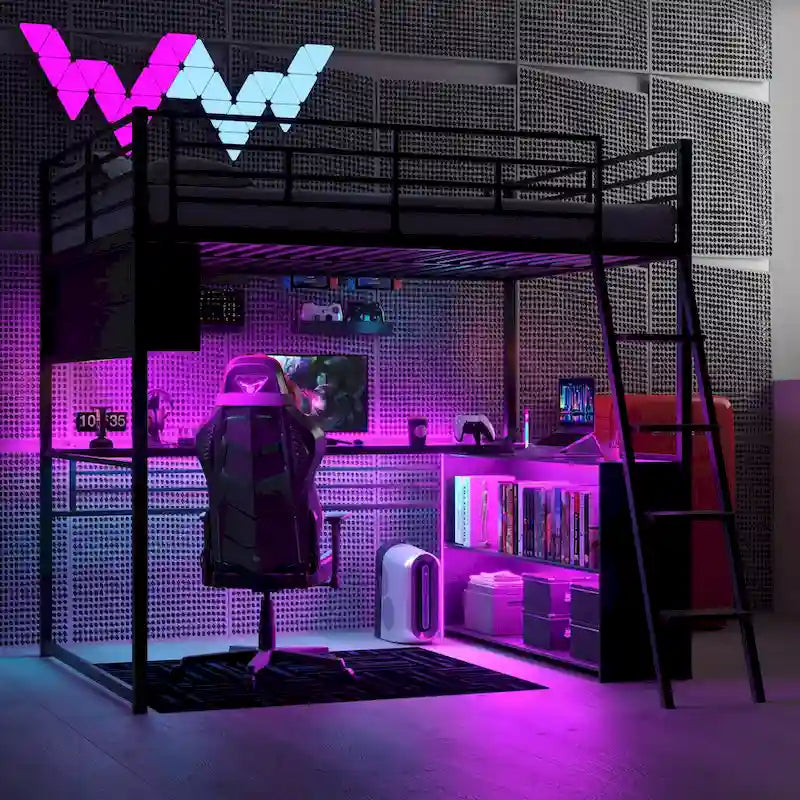 Metal Full Size Loft Bed w/Desk & Stairs, Heavy Duty Loft Bed Frame w/LED Lights, Loft Bed Full Size w/Storage Shelves for Kids