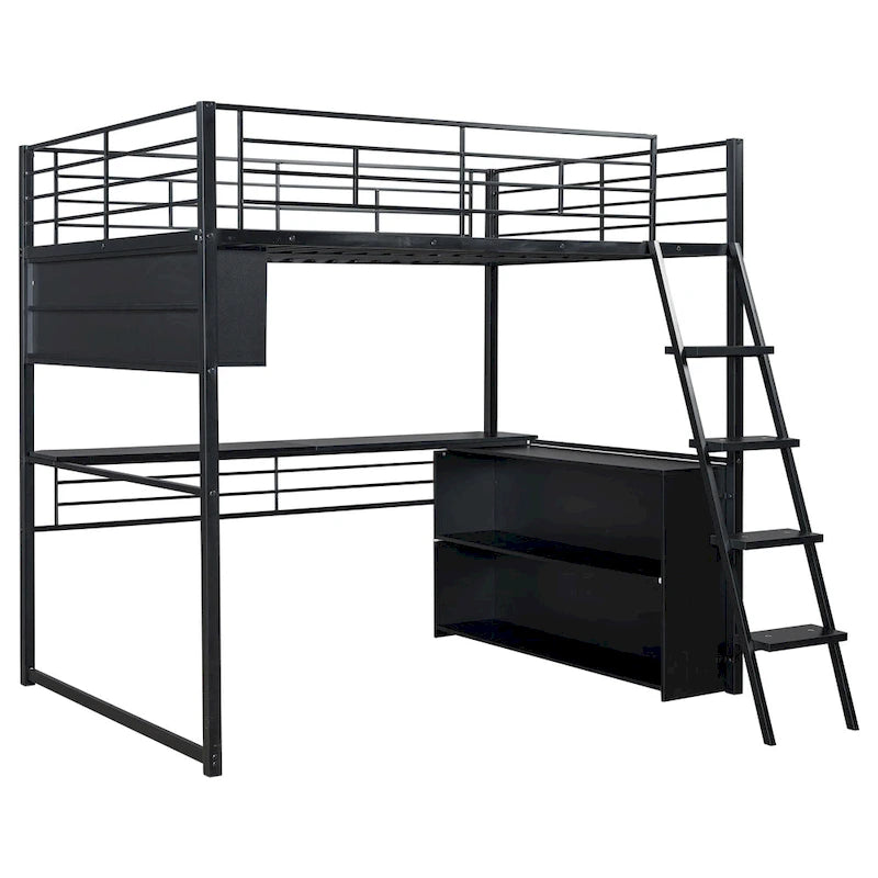 Metal Full Size Loft Bed w/Desk & Stairs, Heavy Duty Loft Bed Frame w/LED Lights, Loft Bed Full Size w/Storage Shelves for Kids