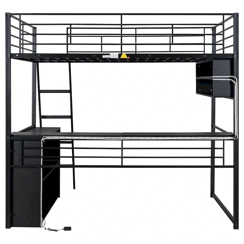 Metal Full Size Loft Bed w/Desk & Stairs, Heavy Duty Loft Bed Frame w/LED Lights, Loft Bed Full Size w/Storage Shelves for Kids