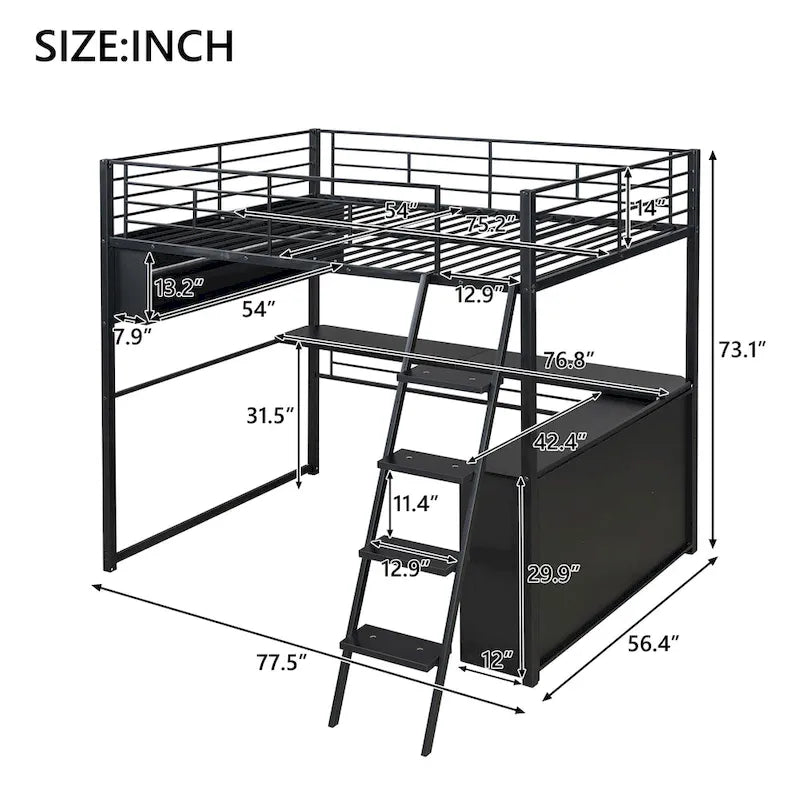 Metal Full Size Loft Bed w/Desk & Stairs, Heavy Duty Loft Bed Frame w/LED Lights, Loft Bed Full Size w/Storage Shelves for Kids
