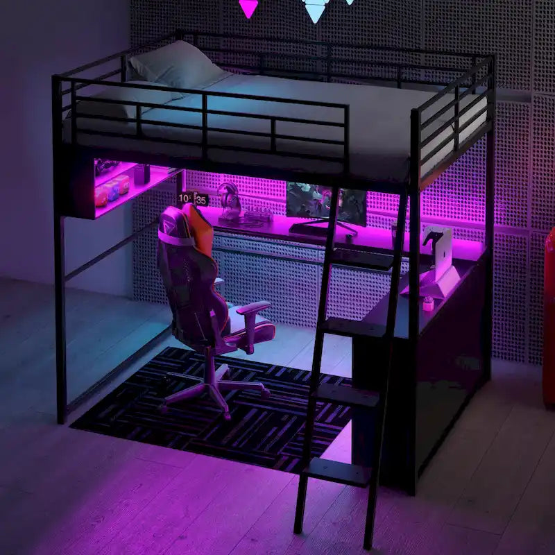 Metal Full Size Loft Bed w/Desk & Stairs, Heavy Duty Loft Bed Frame w/LED Lights, Loft Bed Full Size w/Storage Shelves for Kids