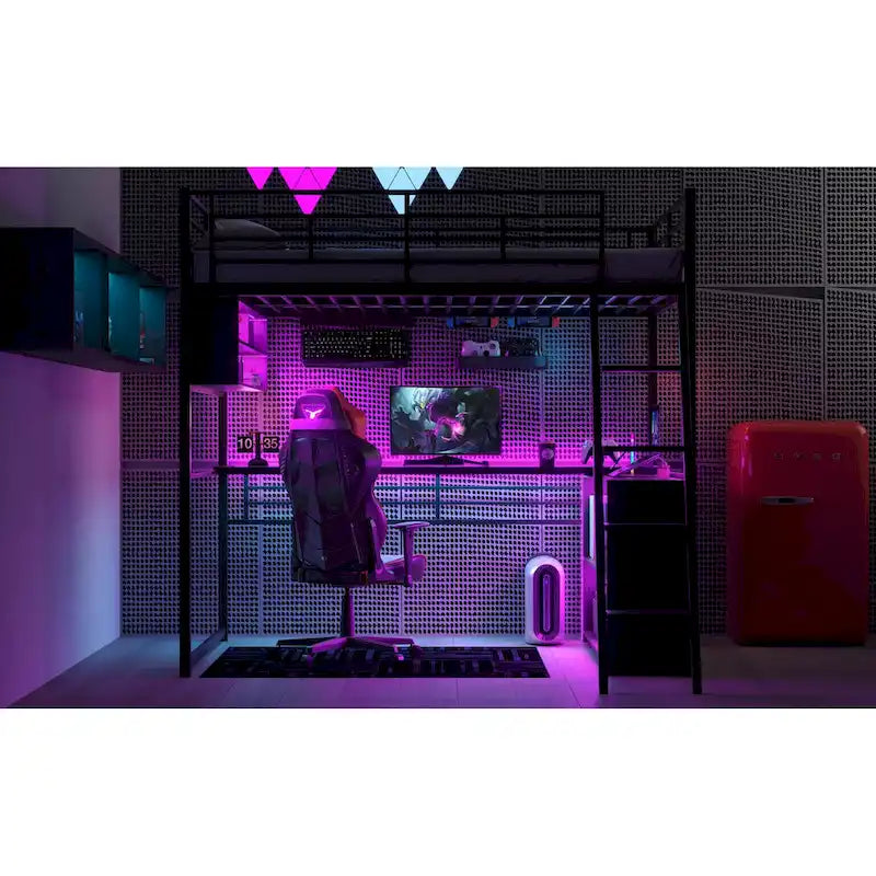 Metal Full Size Loft Bed w/Desk & Stairs, Heavy Duty Loft Bed Frame w/LED Lights, Loft Bed Full Size w/Storage Shelves for Kids
