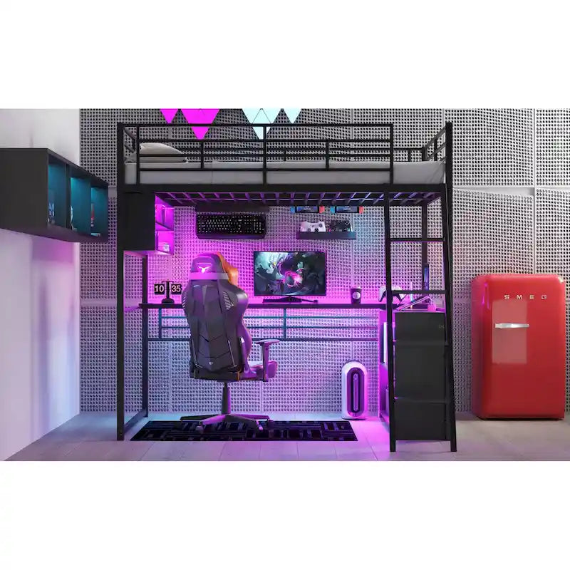 Metal Full Size Loft Bed w/Desk & Stairs, Heavy Duty Loft Bed Frame w/LED Lights, Loft Bed Full Size w/Storage Shelves for Kids