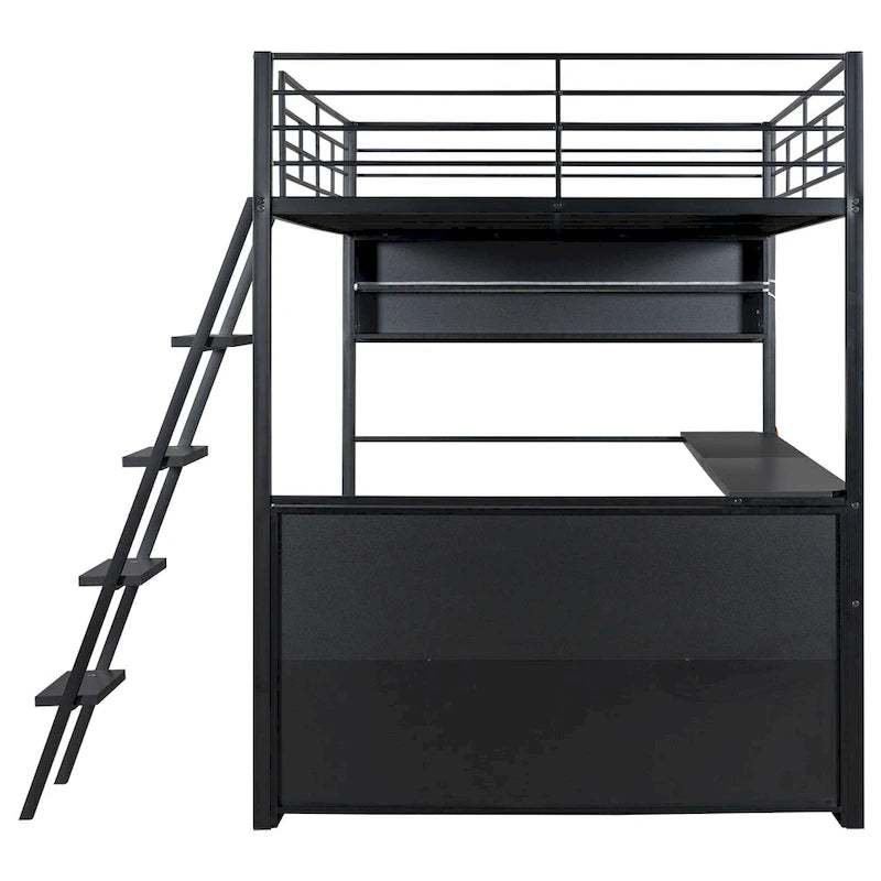 Metal Full Size Loft Bed w/Desk & Stairs, Heavy Duty Loft Bed Frame w/LED Lights, Loft Bed Full Size w/Storage Shelves for Kids
