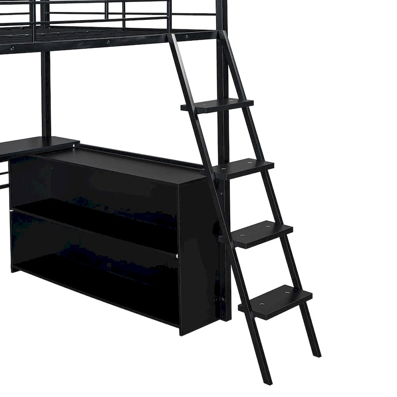 Metal Full Size Loft Bed w/Desk & Stairs, Heavy Duty Loft Bed Frame w/LED Lights, Loft Bed Full Size w/Storage Shelves for Kids