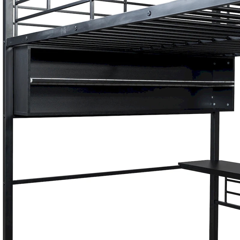 Metal Full Size Loft Bed w/Desk & Stairs, Heavy Duty Loft Bed Frame w/LED Lights, Loft Bed Full Size w/Storage Shelves for Kids