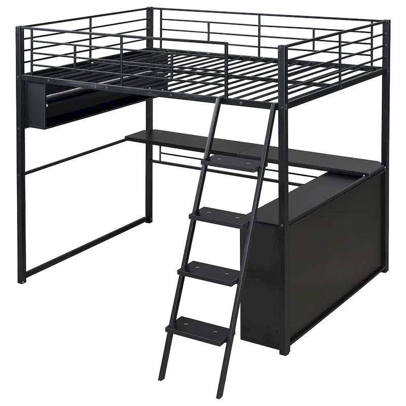 Metal Full Size Loft Bed w/Desk & Stairs, Heavy Duty Loft Bed Frame w/LED Lights, Loft Bed Full Size w/Storage Shelves for Kids