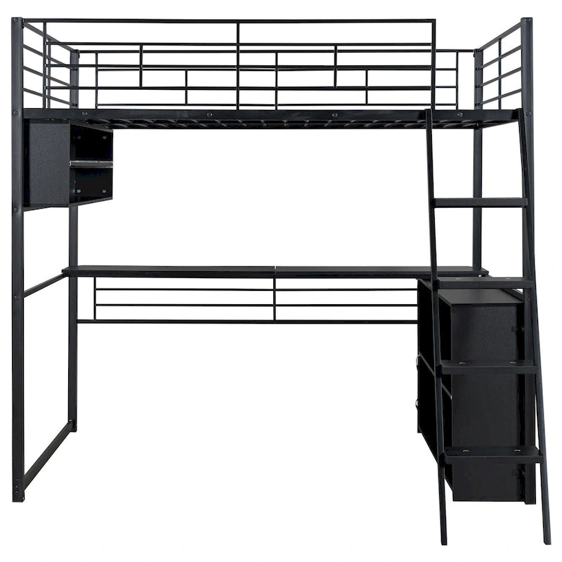 Metal Full Size Loft Bed w/Desk & Stairs, Heavy Duty Loft Bed Frame w/LED Lights, Loft Bed Full Size w/Storage Shelves for Kids