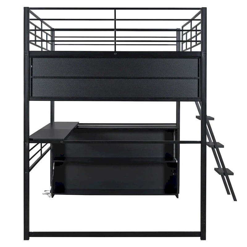 Metal Full Size Loft Bed w/Desk & Stairs, Heavy Duty Loft Bed Frame w/LED Lights, Loft Bed Full Size w/Storage Shelves for Kids