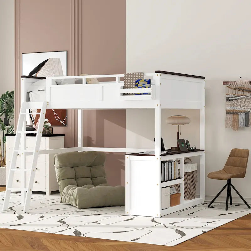 Queen Size Wooden Loft Bed with Built-in Desk and Open Shelves, Solid Wood Bed Frame with Charging Station and Storage Box