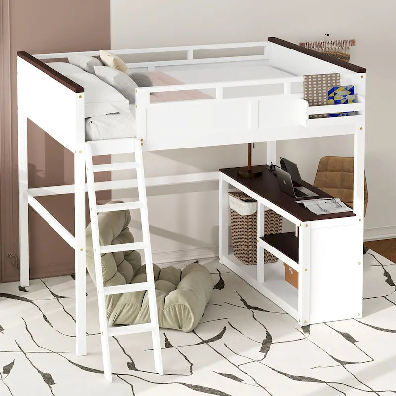 Queen Size Wooden Loft Bed with Built-in Desk and Open Shelves, Solid Wood Bed Frame with Charging Station and Storage Box