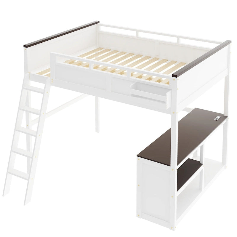Queen Size Wooden Loft Bed with Built-in Desk and Open Shelves, Solid Wood Bed Frame with Charging Station and Storage Box