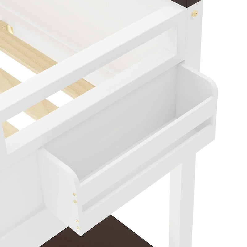 Queen Size Wooden Loft Bed with Built-in Desk and Open Shelves, Solid Wood Bed Frame with Charging Station and Storage Box