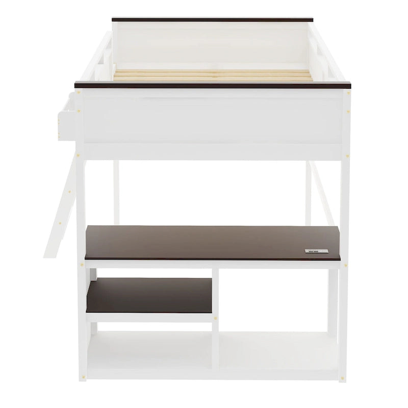 Queen Size Wooden Loft Bed with Built-in Desk and Open Shelves, Solid Wood Bed Frame with Charging Station and Storage Box