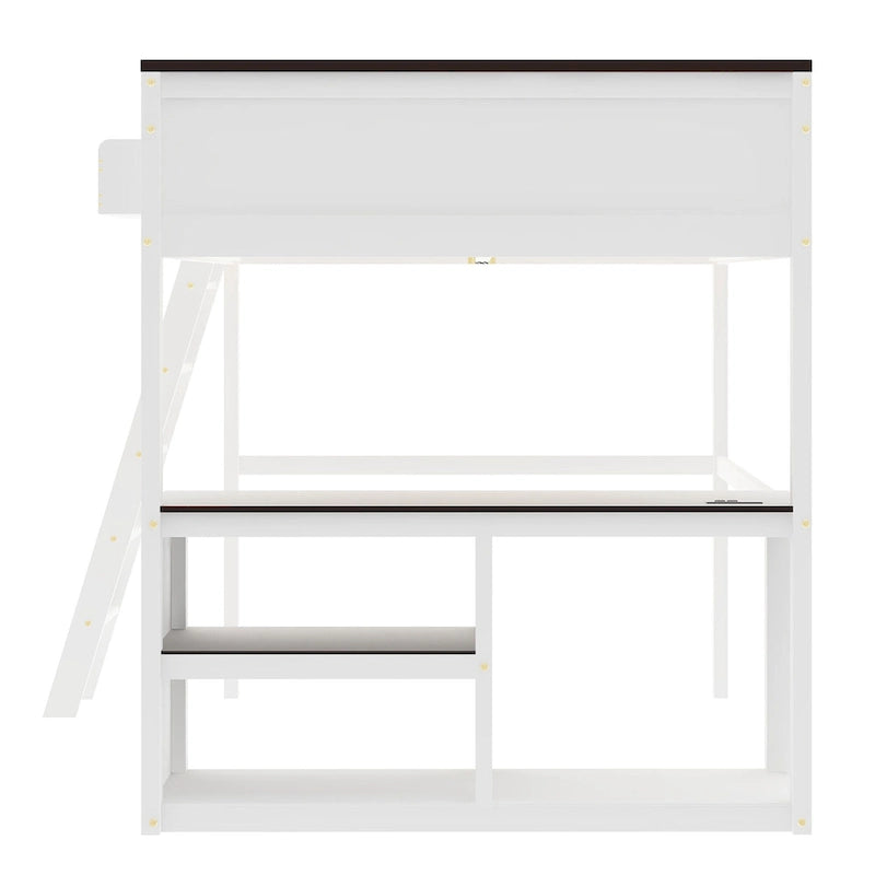 Queen Size Wooden Loft Bed with Built-in Desk and Open Shelves, Solid Wood Bed Frame with Charging Station and Storage Box