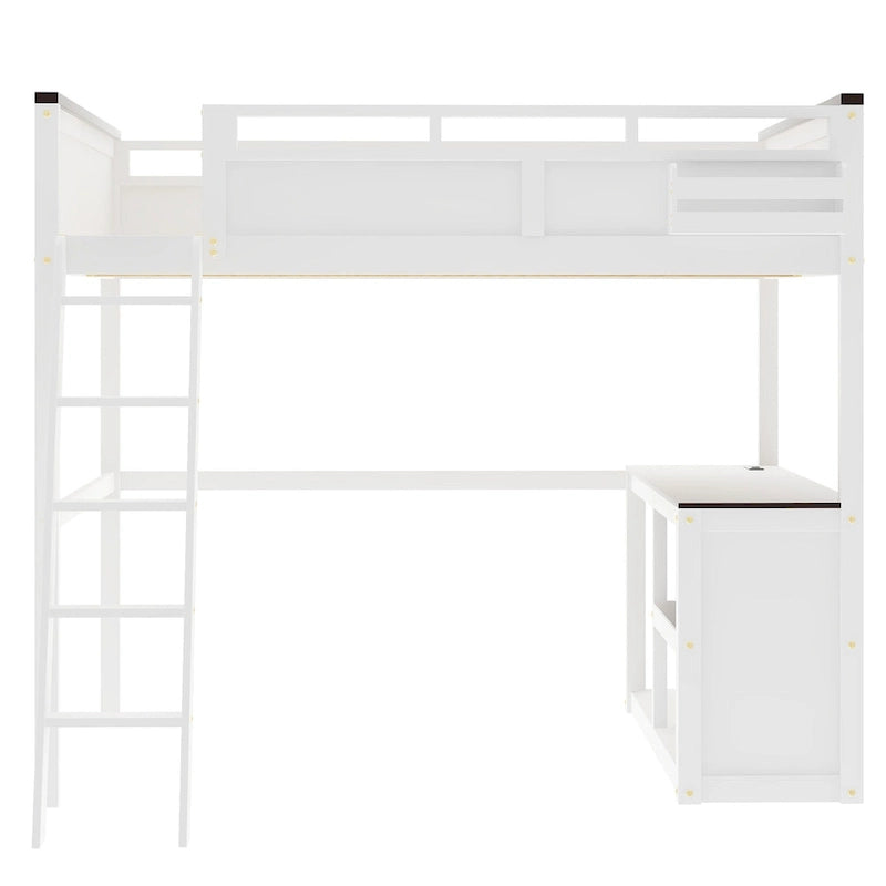 Queen Size Wooden Loft Bed with Built-in Desk and Open Shelves, Solid Wood Bed Frame with Charging Station and Storage Box
