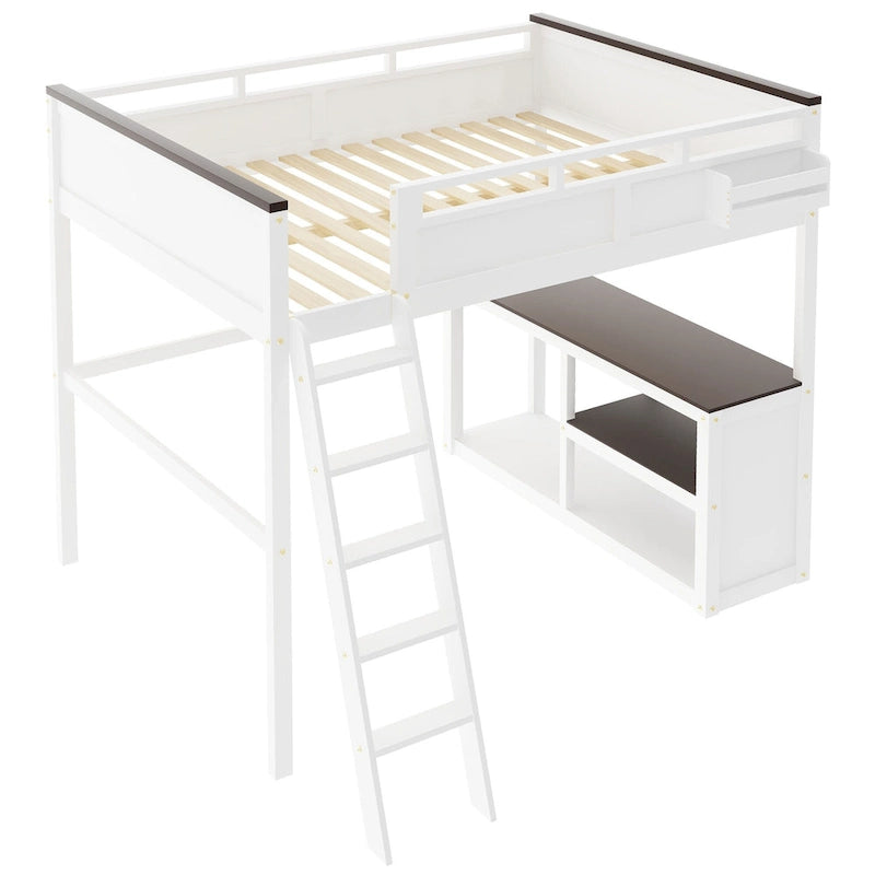 Queen Size Wooden Loft Bed with Built-in Desk and Open Shelves, Solid Wood Bed Frame with Charging Station and Storage Box