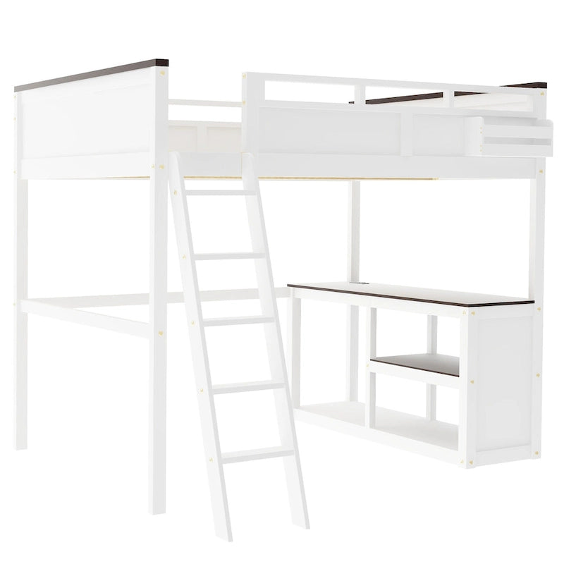 Queen Size Wooden Loft Bed with Built-in Desk and Open Shelves, Solid Wood Bed Frame with Charging Station and Storage Box