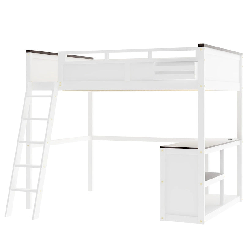 Queen Size Wooden Loft Bed with Built-in Desk and Open Shelves, Solid Wood Bed Frame with Charging Station and Storage Box