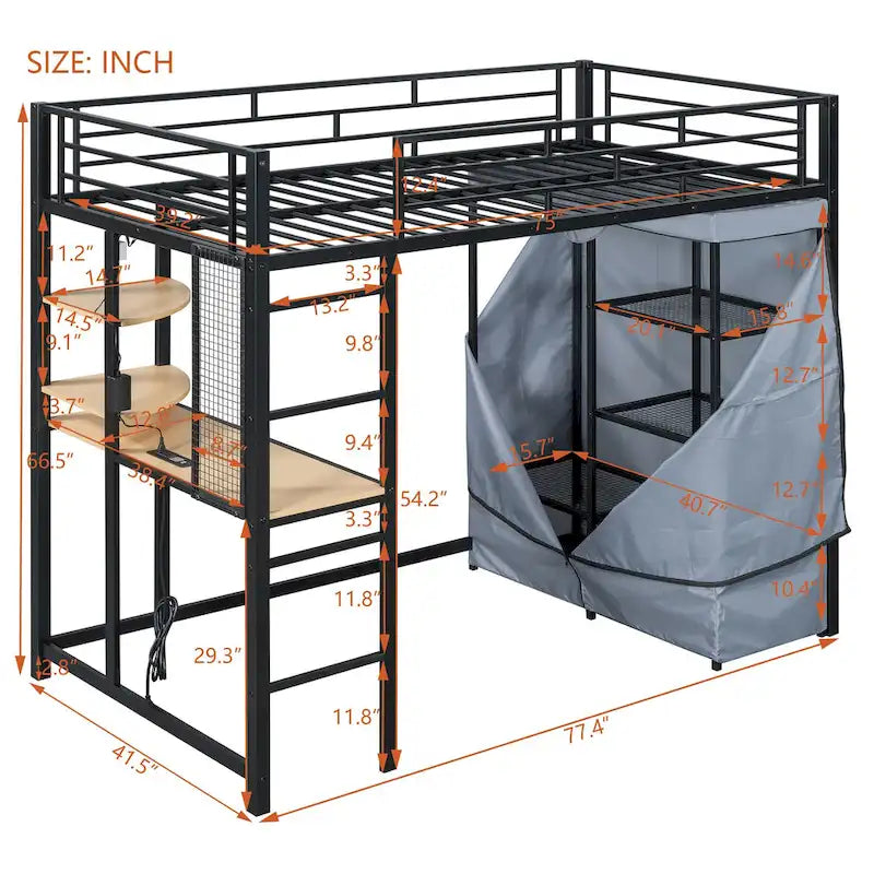 Twin Size Loft Metal Bed with Desk, Shelves, Power Outlet, LED Light and Wardrobe, White