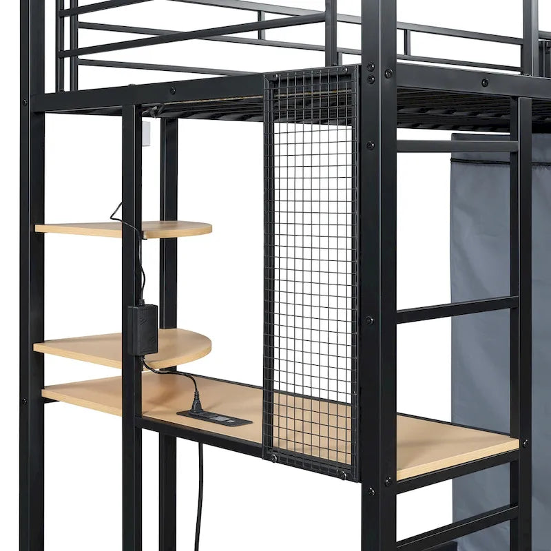 Twin Size Loft Metal Bed with Desk, Shelves, Power Outlet, LED Light and Wardrobe, White