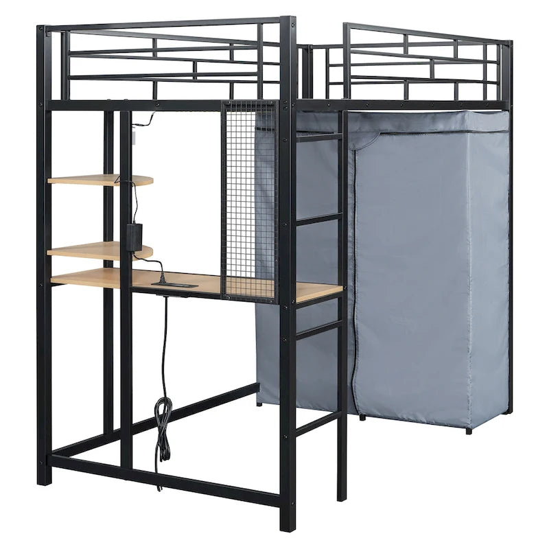 Twin Size Loft Metal Bed with Desk, Shelves, Power Outlet, LED Light and Wardrobe, White