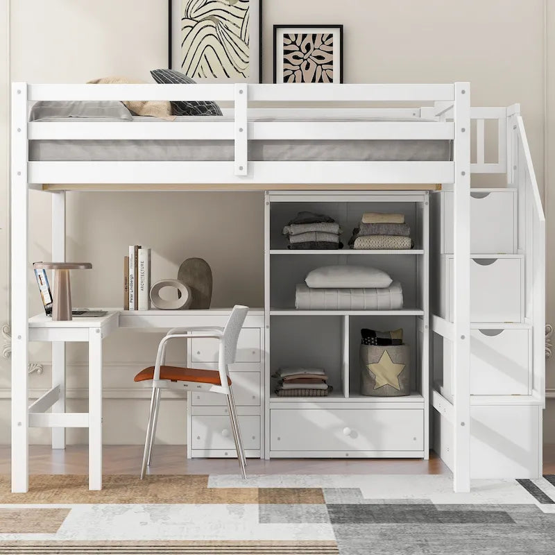 Wood Storage Loft Bed with L-Shaped Desk and 4 Drawers, Full Size Kids Bed Frame with Cabinet & Storage Staircase for Bedroom