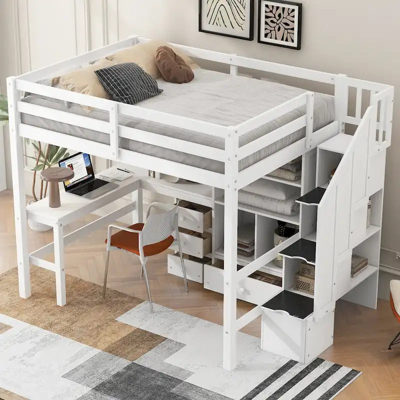 Wood Storage Loft Bed with L-Shaped Desk and 4 Drawers, Full Size Kids Bed Frame with Cabinet & Storage Staircase for Bedroom