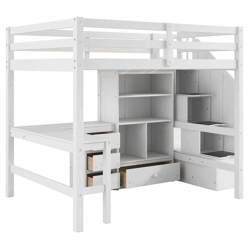 Wood Storage Loft Bed with L-Shaped Desk and 4 Drawers, Full Size Kids Bed Frame with Cabinet & Storage Staircase for Bedroom