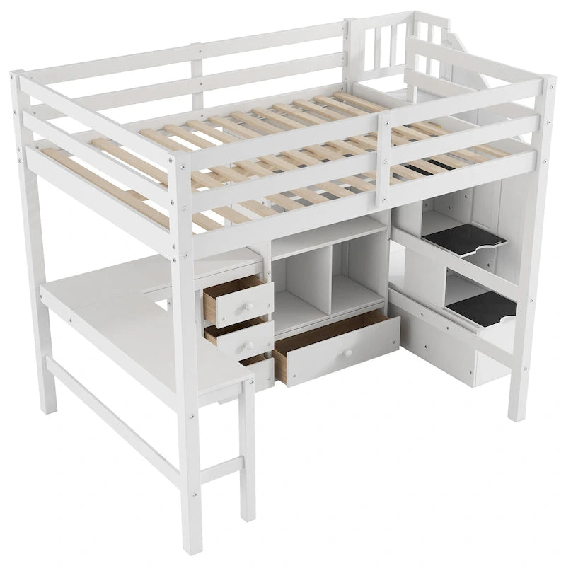 Wood Storage Loft Bed with L-Shaped Desk and 4 Drawers, Full Size Kids Bed Frame with Cabinet & Storage Staircase for Bedroom
