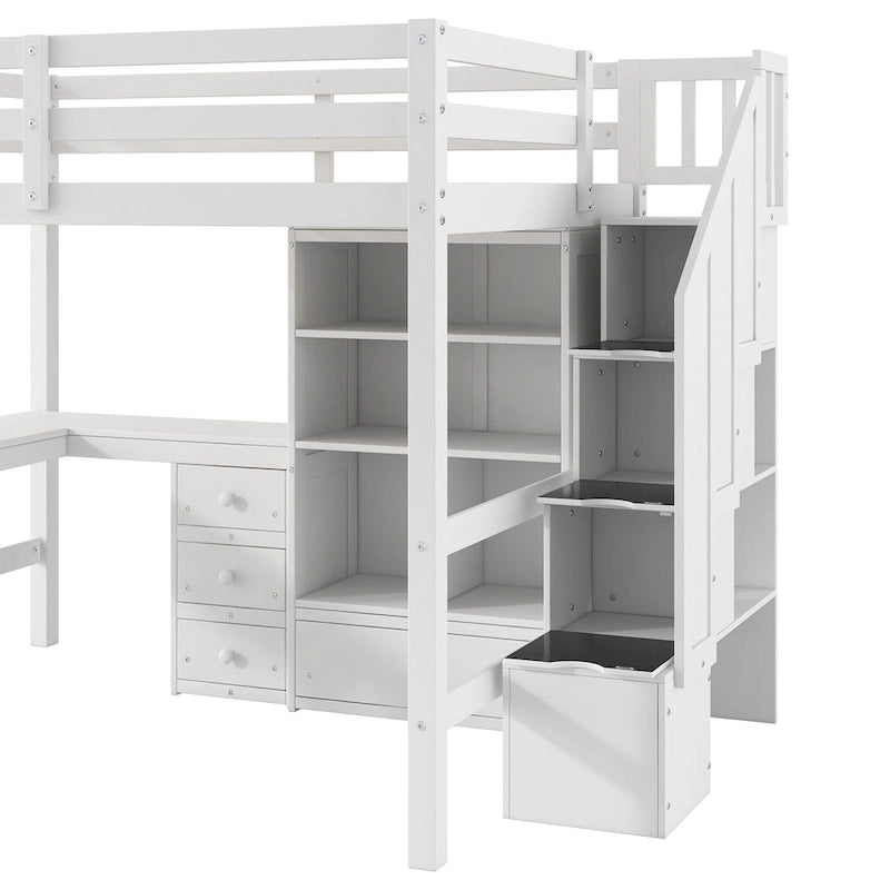 Wood Storage Loft Bed with L-Shaped Desk and 4 Drawers, Full Size Kids Bed Frame with Cabinet & Storage Staircase for Bedroom