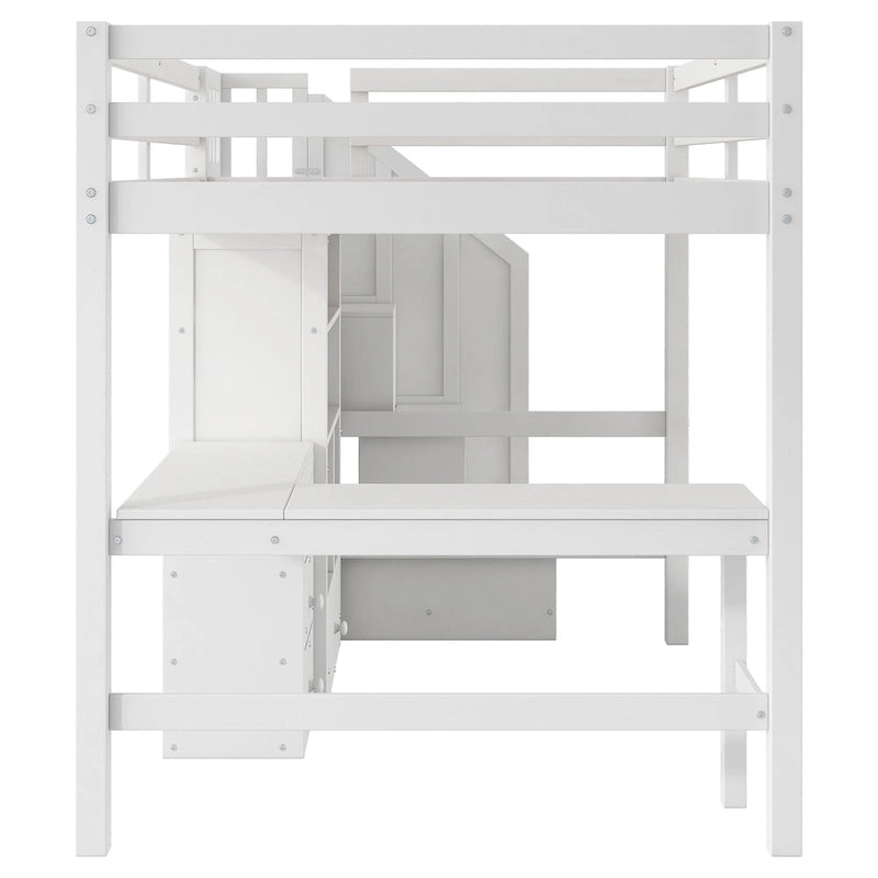 Wood Storage Loft Bed with L-Shaped Desk and 4 Drawers, Full Size Kids Bed Frame with Cabinet & Storage Staircase for Bedroom