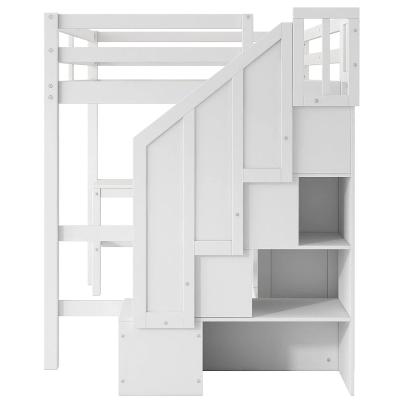 Wood Storage Loft Bed with L-Shaped Desk and 4 Drawers, Full Size Kids Bed Frame with Cabinet & Storage Staircase for Bedroom