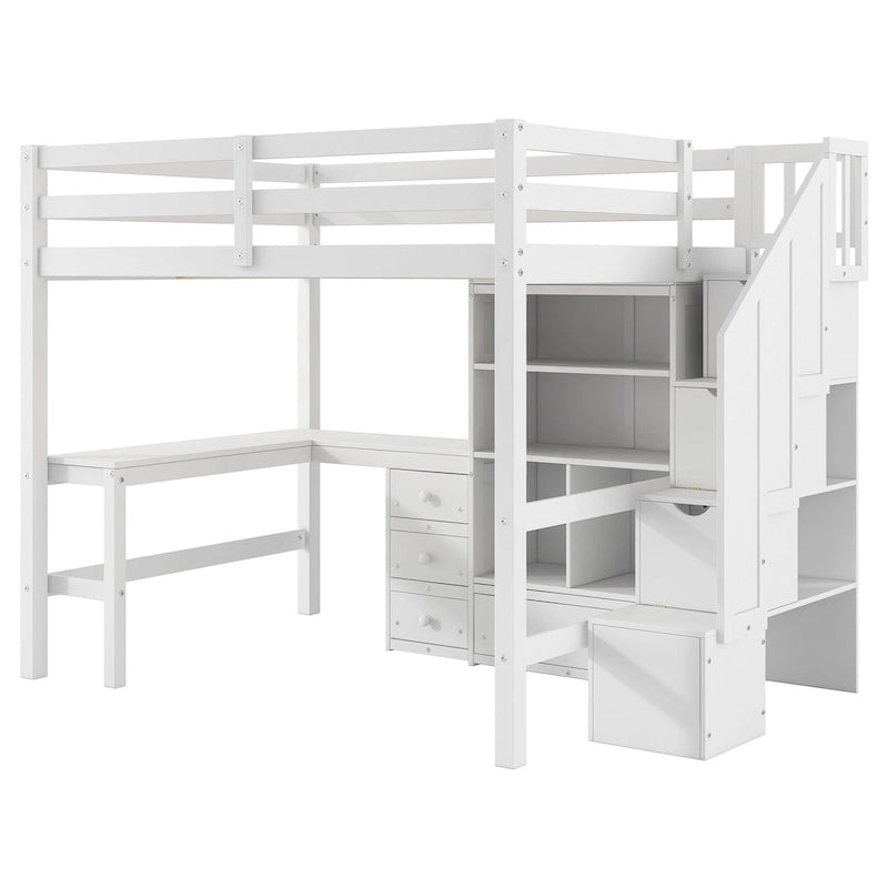 Wood Storage Loft Bed with L-Shaped Desk and 4 Drawers, Full Size Kids Bed Frame with Cabinet & Storage Staircase for Bedroom
