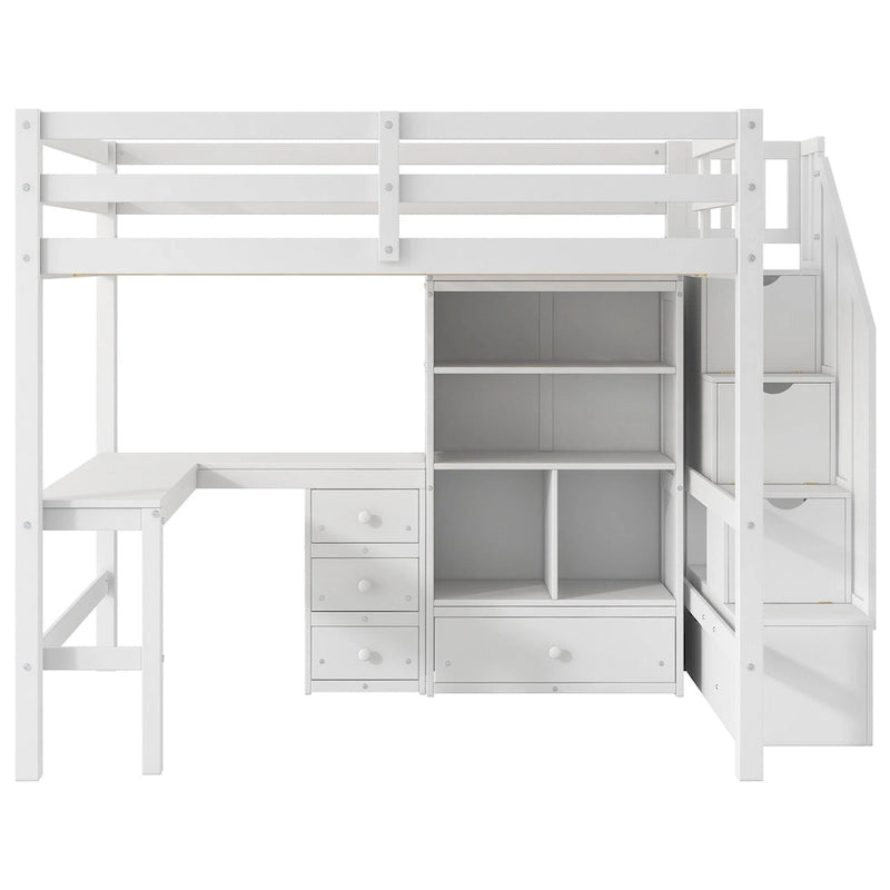 Wood Storage Loft Bed with L-Shaped Desk and 4 Drawers, Full Size Kids Bed Frame with Cabinet & Storage Staircase for Bedroom
