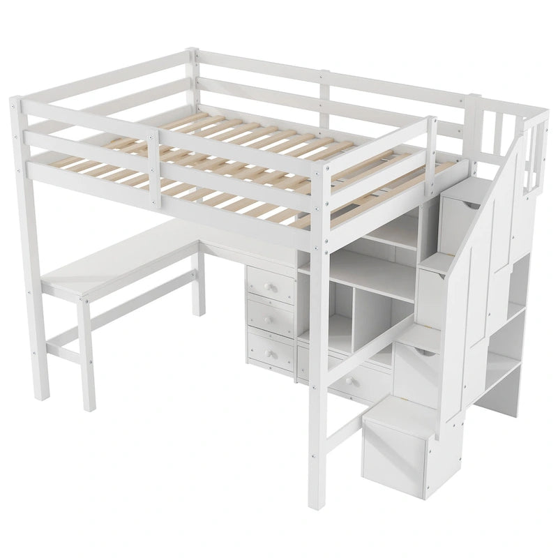 Wood Storage Loft Bed with L-Shaped Desk and 4 Drawers, Full Size Kids Bed Frame with Cabinet & Storage Staircase for Bedroom