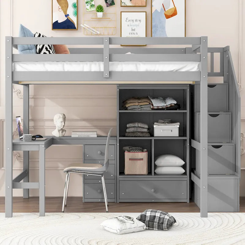 Wood Storage Loft Bed with L-Shaped Desk and 4 Drawers, Full Size Kids Bed Frame with Cabinet & Storage Staircase for Bedroom