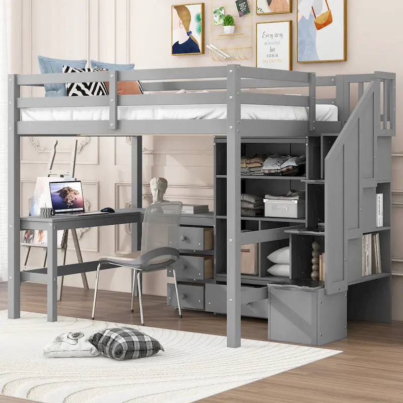 Wood Storage Loft Bed with L-Shaped Desk and 4 Drawers, Full Size Kids Bed Frame with Cabinet & Storage Staircase for Bedroom