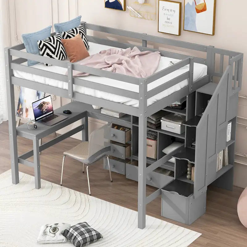 Wood Storage Loft Bed with L-Shaped Desk and 4 Drawers, Full Size Kids Bed Frame with Cabinet & Storage Staircase for Bedroom