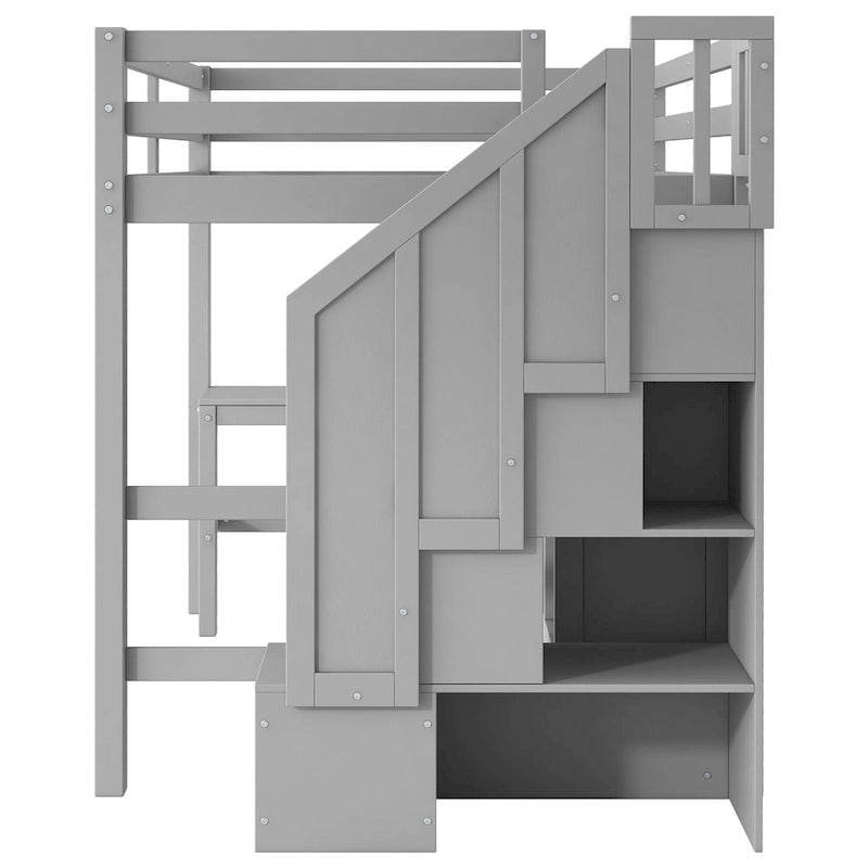 Wood Storage Loft Bed with L-Shaped Desk and 4 Drawers, Full Size Kids Bed Frame with Cabinet & Storage Staircase for Bedroom