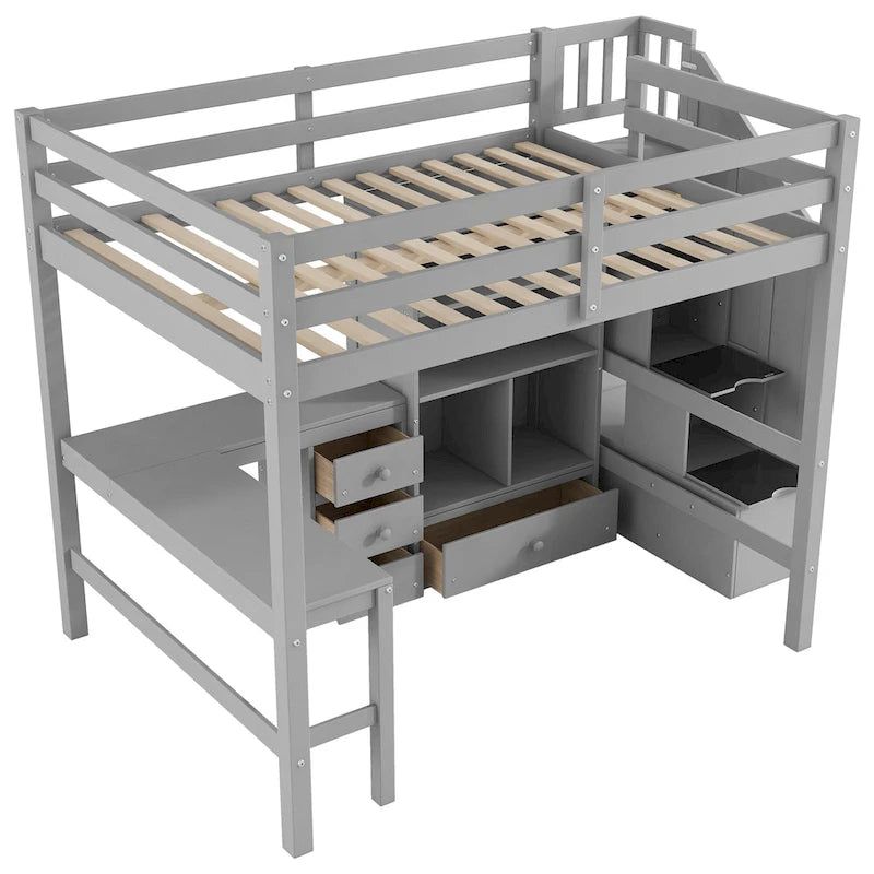 Wood Storage Loft Bed with L-Shaped Desk and 4 Drawers, Full Size Kids Bed Frame with Cabinet & Storage Staircase for Bedroom