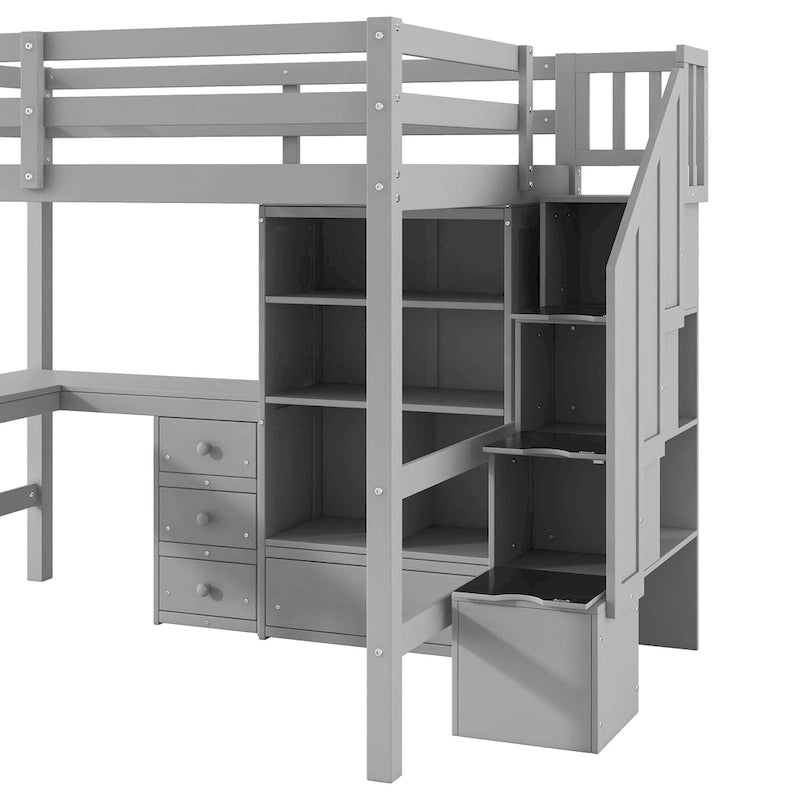 Wood Storage Loft Bed with L-Shaped Desk and 4 Drawers, Full Size Kids Bed Frame with Cabinet & Storage Staircase for Bedroom